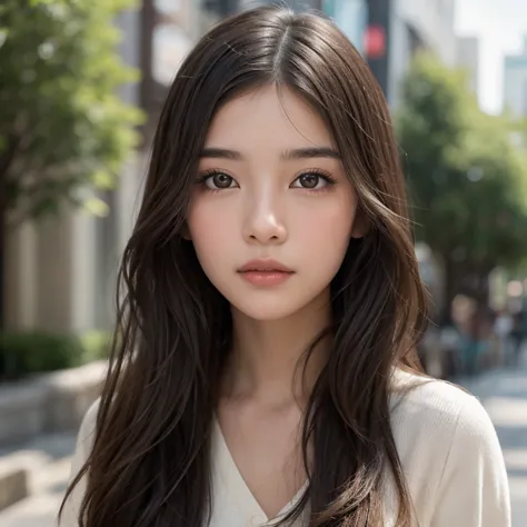 create an image of a young woman aged 20, with japanese and spanish mixed heritage. she should have a dreamy, ethereal look, cha...