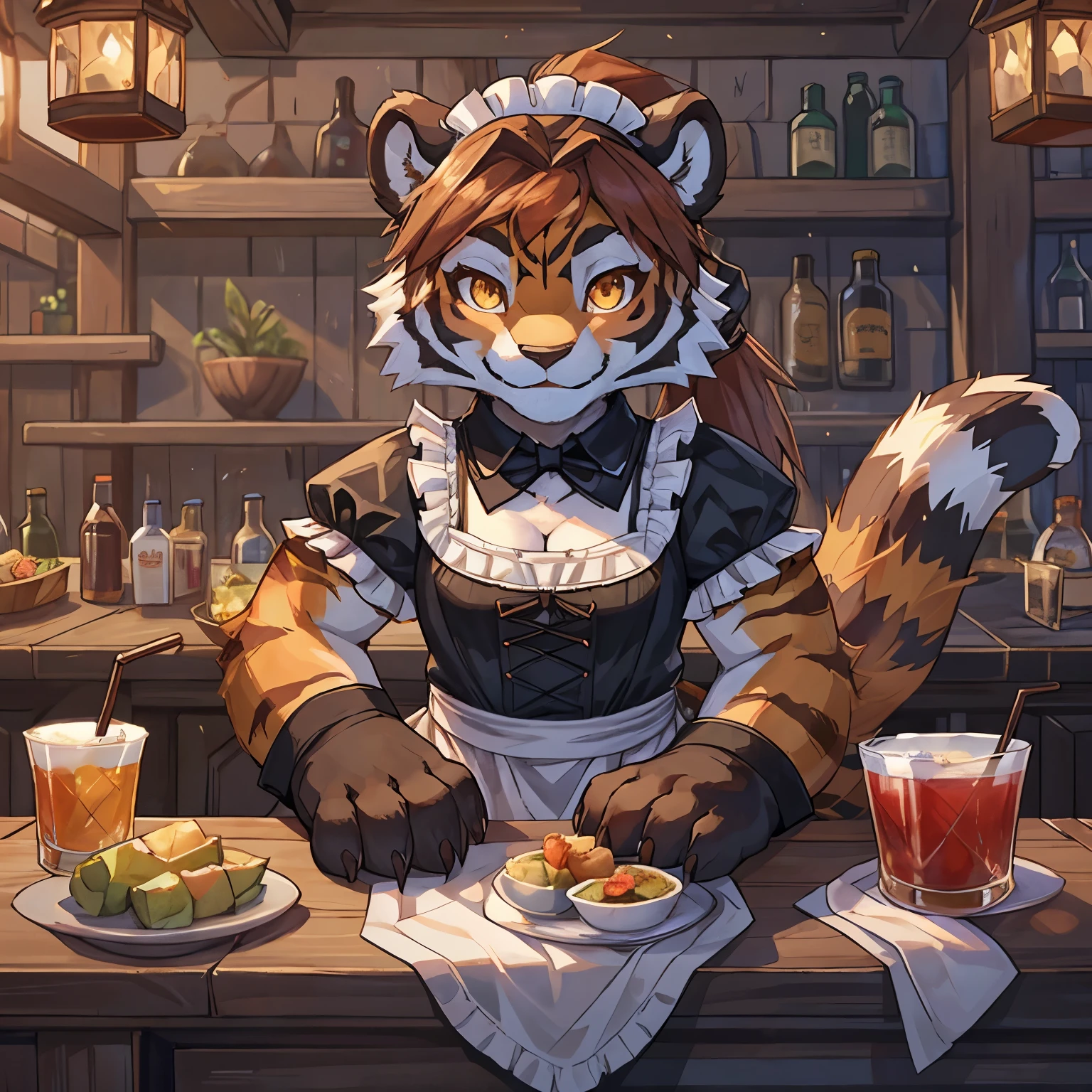 (4fingers), small_round_ears, small_panda_ears, pandaren, world_of_warcraft, furry, anthropomorphic, fluffy_tail, foxtail, cfemale, claws, red_panda, tiger_stripes, tiger_face, flat_chested, short_stack, teen, teenager, amber_eyes, (pupils), (tiger_legs), (left_foot_black_fur), (right_foot_white_fur), (four_fingers), waist_long_ponytail, brown_hair, ((three_toes)), ((3toes)), ((detailed_eyes)), ((detailed_face)), detailed_hands, maid outfit, serving drinks, bartending, tavern,