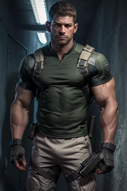 1 man, solo, 35 year old, Chris Redfield, wearing a green T-shirt, serious face, looking at the camera, white color on the shoulder and a bsaa logo on the shoulder, military tactical suit, equipment, (holding a pistol with 2 hands), tall and hunk, biceps, abs, chest, best quality, masterpiece, high resolution:1.2, upper body shot, dark black gloomy hallway with not background