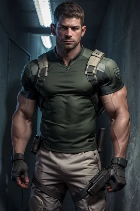 1 man, solo, 35 year old, Chris Redfield, wearing a green T-shirt, serious face, looking at the camera, white color on the shoul...