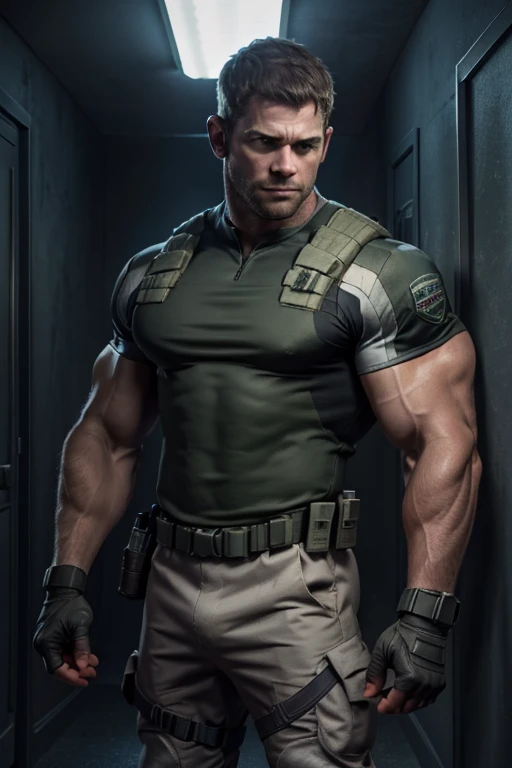 1 名男子, 独自的, 35岁, 克里斯·雷德菲尔德, 穿着绿色 T 恤, 严肃的表情, 看着相机, 肩膀为白色，肩部有 bsaa 标志, 军事战术套装, 设备, (用两只手握着手枪), 身材高大, 二头肌, 腹肌, 胸部, 最好的质量, 杰作, 高分辨率:1.2, 上身拍摄, 暗黑色阴暗的走廊，没有背景