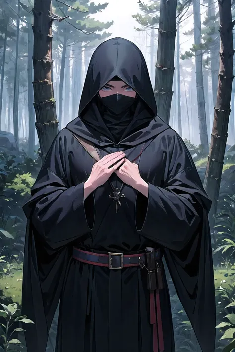 in the forest, a man with a black hood covering his face, who has raised the homeland to the sky, and behind him, mist