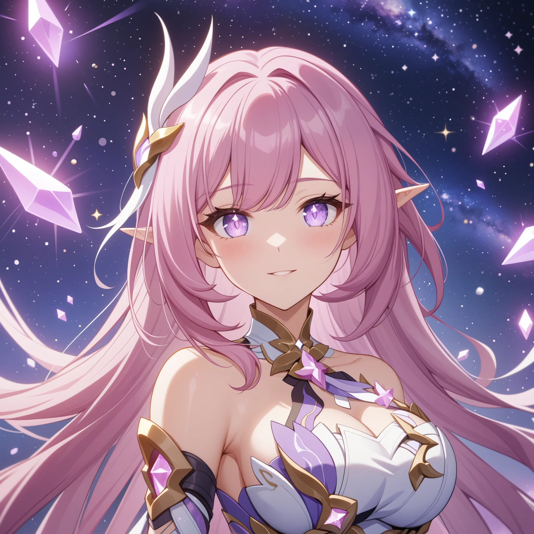 ai-generated,very aesthetic,1girl,elysia_/(herrscher_of_human:ego/)_/(honkai_impact/),pointed_ears,pink_hair,dreamy anime fantasy background,raytracing,light purple eyes,pink diamond pupils,floating,light particles,dsmile,starry sky, shooting stars,celestial,intricate,large breasts,long eyelashes,goddess,(best quality,4k,8k,highres,masterpiece:1.2)