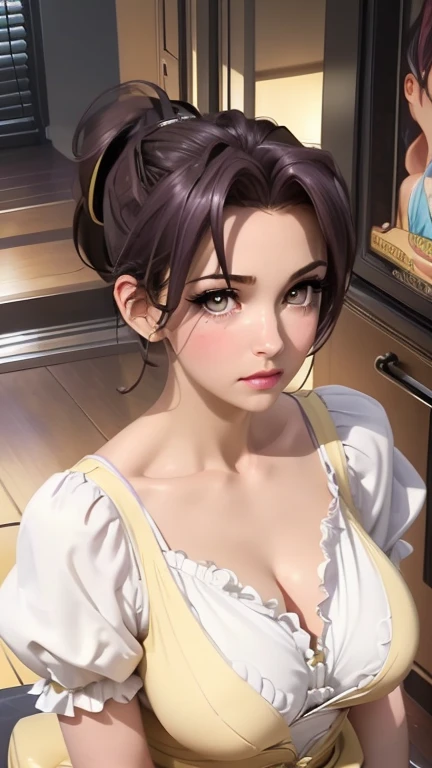 （（（Puff sleeves,dress,Short sleeve,（（（1 Girl，clavicle，cosmetic, Purple Hair,Brown eyes,Lips,Ponytail,short hair,Lipstick,Ribbon,clavicle, ））），（（（Wide hips））），S-Shaped Body:1.7））），((masterpiece)),high resolution, ((Best quality at best))，masterpiece，quality，Best quality，（（（ Exquisite facial features，looking at the audience,There is light in the eyes，blush，Shy））），(((Full breasts,)))(((Large Breasts))) (((Cleavage))),（（（Light and shadow intertwine，huge ，Kitchen background））），（（（looking at camera，from above，look down）））