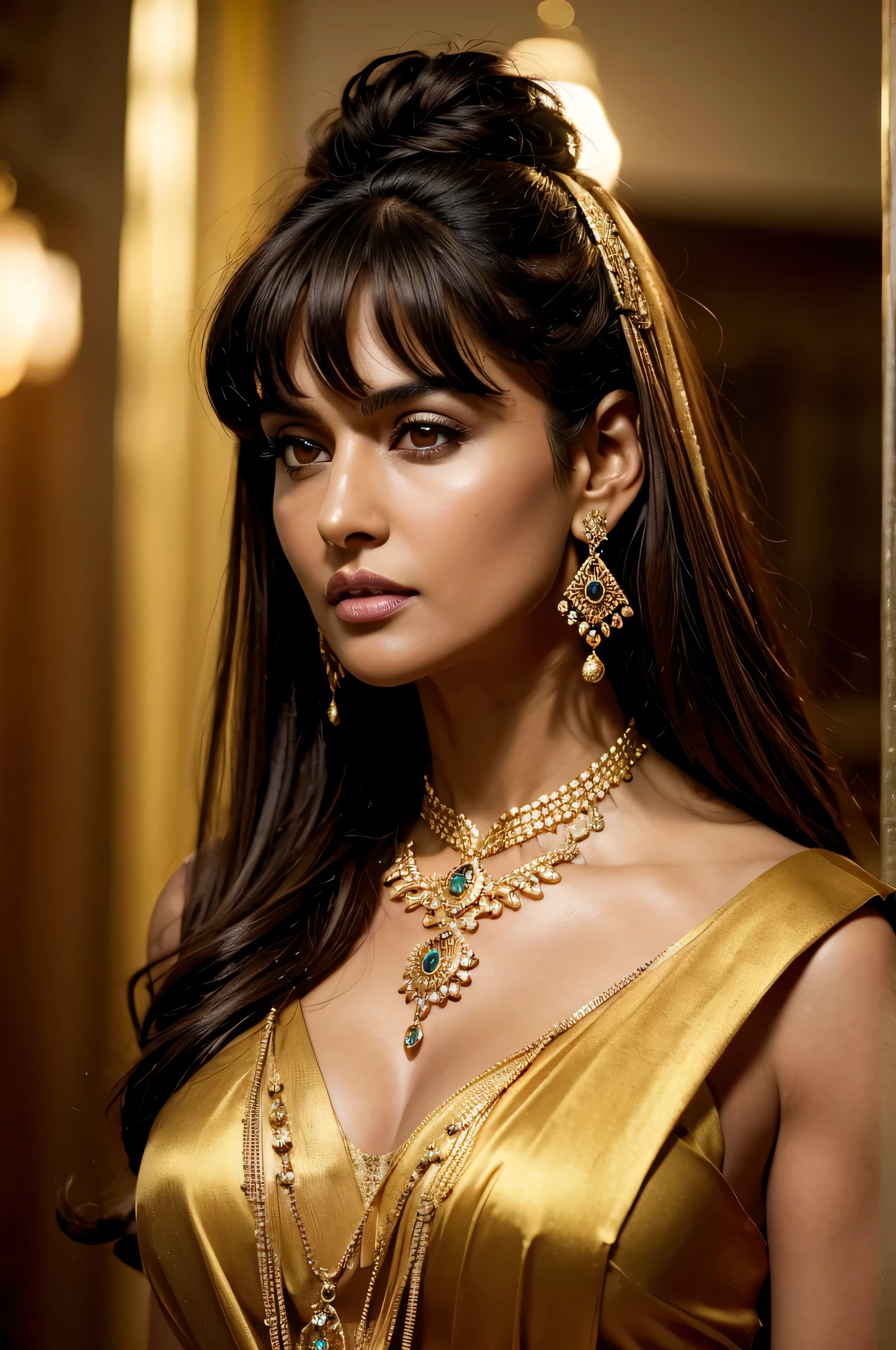 Cinematic ultra HD, hyper realistic full body portrait: 1.4, A 30 years old beautiful Indian woman with long dark brown hair and bangs, Masterpiece: 1.4, Stunning 30-year-old Indian woman, Ultra HD, Realistic, Full body image, Long dark brown hair with bangs, Sharp facial features, Deep golden dress with clinging neckline, Exquisite gold jewelry: necklace and earrings, Serious expression, Highlighted features, Textured hair, Elegant and charming, Cinematic lighting, Intense focus on the subject.