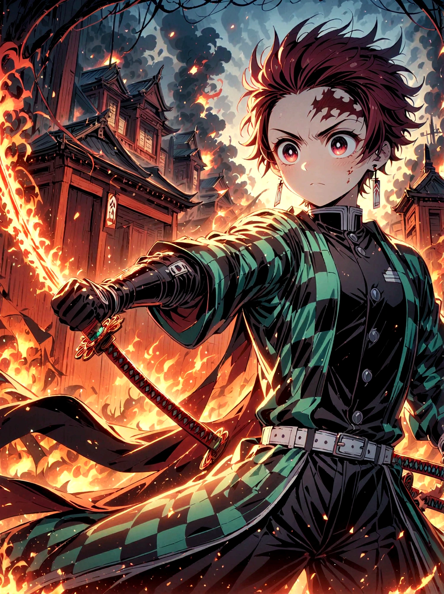 Kamado Tanjirou, Anime tueur de démons, Concentration sur les armes，cheveux rouge vif, Eyeusculaire rouge scintillant，tatouages complexes，(tenant un katana en feu:1.5)，Un élément de danger et de tension，Vêtements à carreaux, uniforme de tueur de démons, pantalon noir, Lutte, feu, exploser, poses dynamiques, Temple, vision