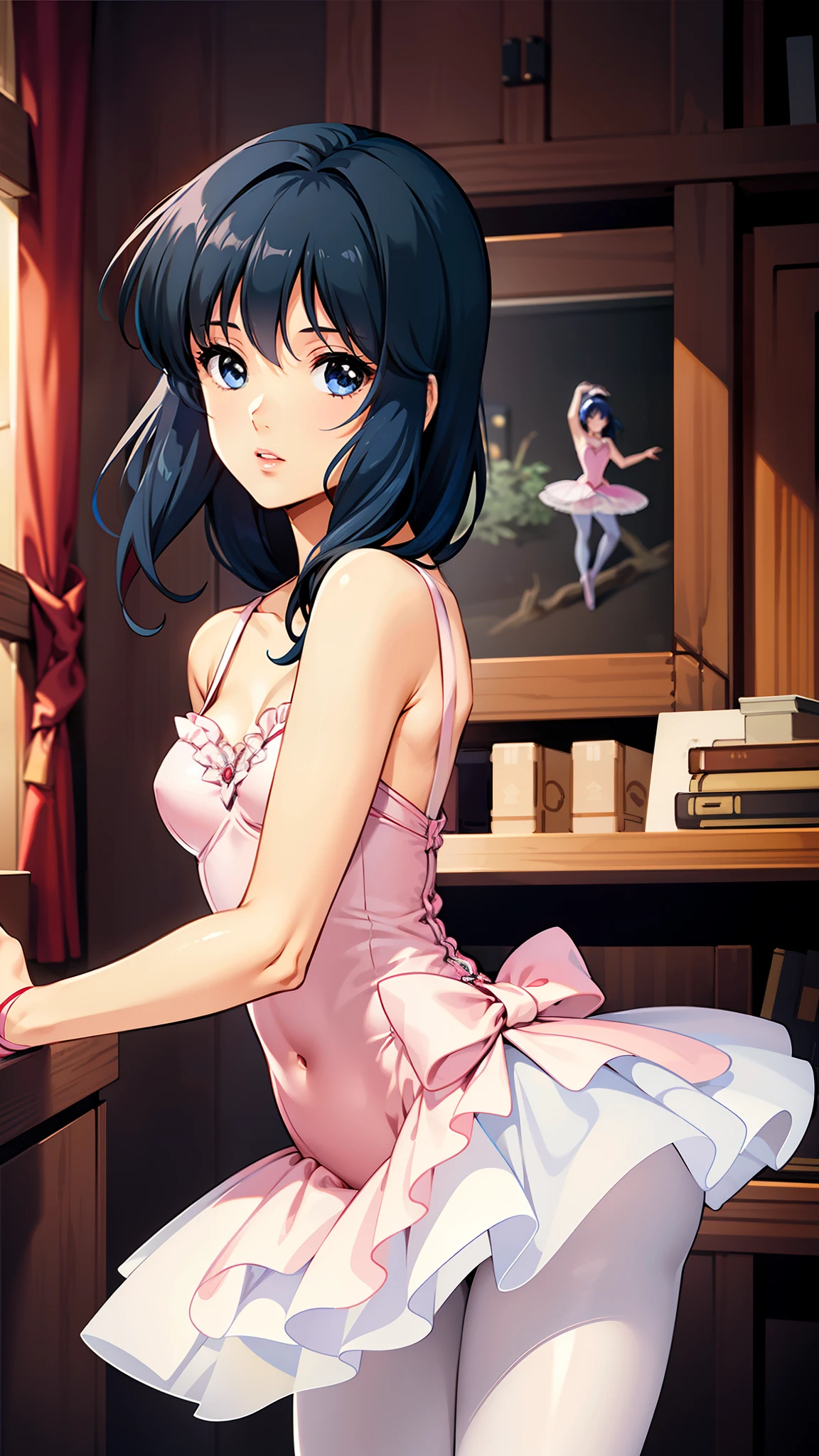 lynnminmay, 1 chica, solo, pelo negro, tiro de vaquero, ultra detallado, mejor calidad, obra maestra, ilustración, juego cg, bailarina, frío, pantys