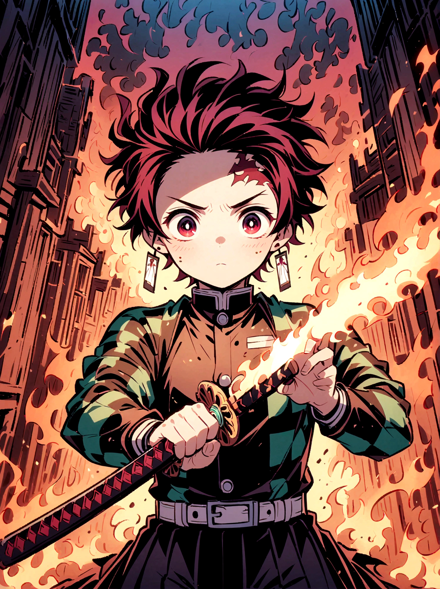 Kamado Tanjirou, Demon Slayer anime, Weapon Focus，Bright red hair, Sparkling red eyeuscular，Intricate tattoos，(Holding a burning katana:1.5)，An element of danger and tension，Plaid clothes, demon slayer uniform, Black pants, fighting, Fire, explode, Dynamic poses, temple, Vision