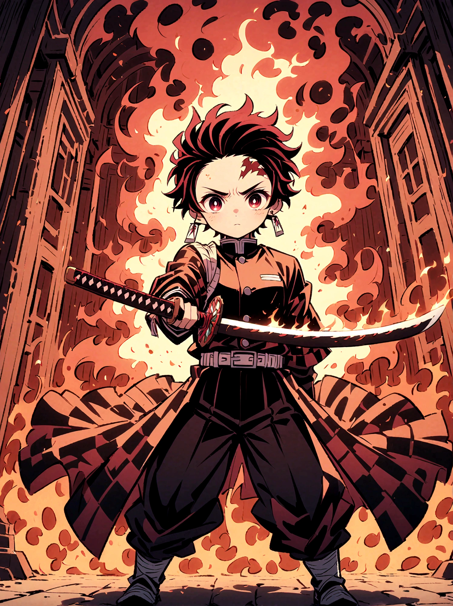 Kamado Tanjirou, Dämonentöter-Anime, Waffenfokus，leuchtend rote Haare, Funkelnde rote Augenmuschel，komplizierte Tätowierungen，(Ein brennendes Katana halten:1.5)，Ein Element der Gefahr und Spannung，Karierte Kleidung, Dämonentöter-Uniform, Schwarze Hosen, Kampf, Feuer, explodieren, Dynamische Posen, Tempel, Vision