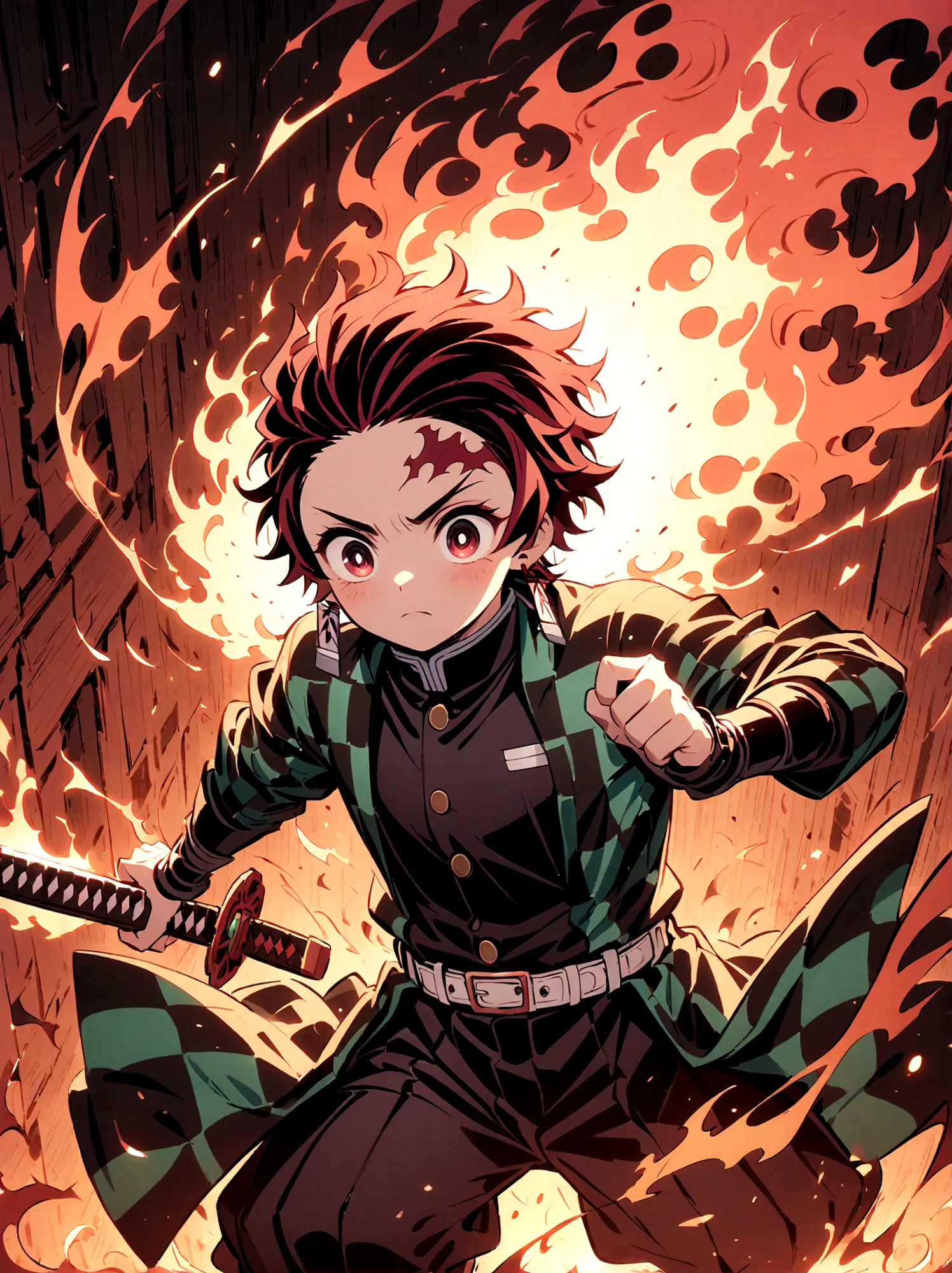 kamado tanjirou, demon slayer anime, weapon focus，bright red hair, sparkling red eyes，muscular，intricate tattoos，(holding a burn...