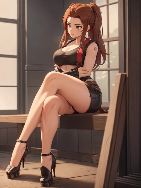 brigitte overwatch , thighs, full body, high heels, nude tits, sitting, leather pants, wide hips