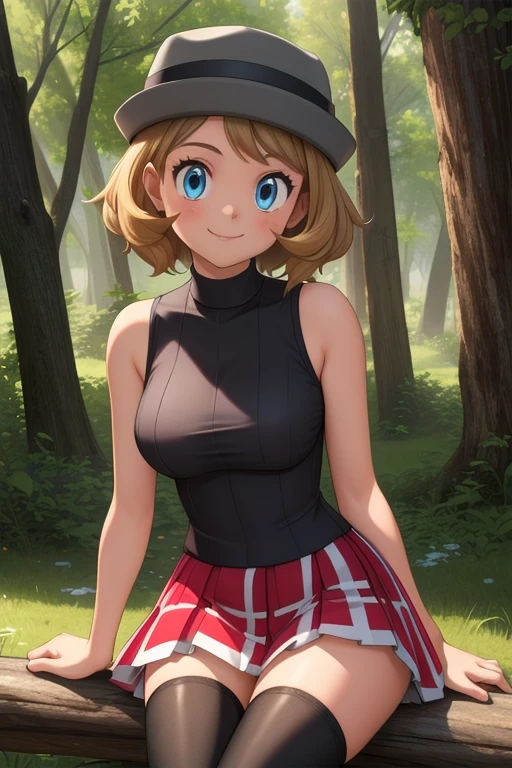 pkmnserena, 1girl, solo, blue eyes, blonde hair, short hair, bangs, hat, grey headwear,
black shirt, turtleneck, sleeveless, red skirt, pleated skirt, black thighhighs,
smile,closed mouth,cowboy shot,sitting,
forest,outdoor,
(insanely detailed, beautiful detailed face, masterpiece, best quality) cinematic lighting,