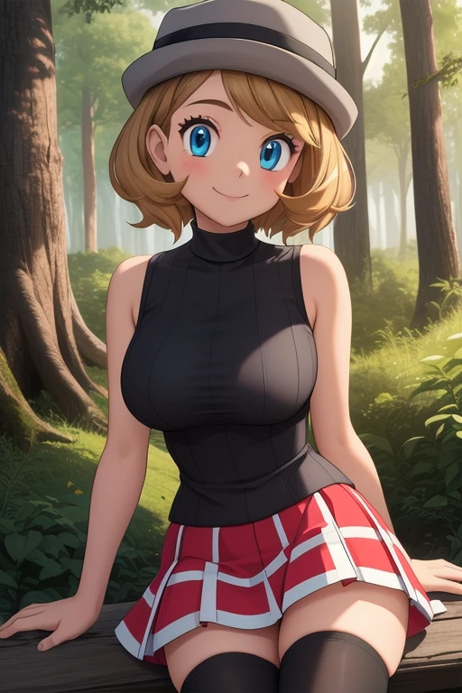 pkmnserena, 1girl, solo, blue eyes, blonde hair, short hair, bangs, hat, grey headwear,
black shirt, turtleneck, sleeveless, red skirt, pleated skirt, black thighhighs,
smile,closed mouth,cowboy shot,sitting,
forest,outdoor,
(insanely detailed, beautiful detailed face, masterpiece, best quality) cinematic lighting,