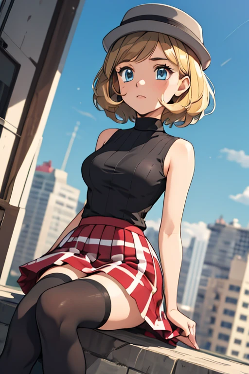 (masterpiece, best quality), 1girl,    pkmnserena, 1girl, solo, blue eyes, blonde hair, short hair, bangs, hat, grey headwear,, black shirt, turtleneck, sleeveless, red skirt, pleated skirt, black thighhighs,