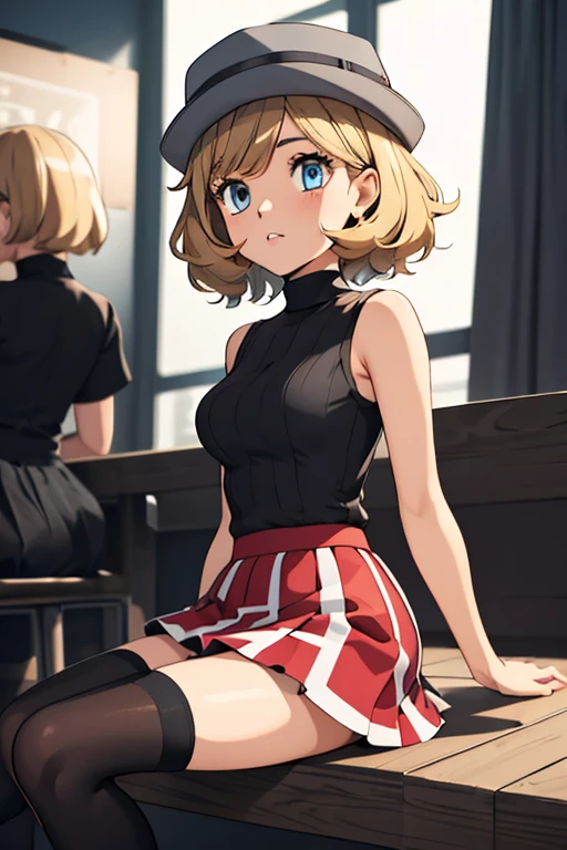 (masterpiece, best quality), 1girl,    pkmnserena, 1girl, solo, blue eyes, blonde hair, short hair, bangs, hat, grey headwear,, black shirt, turtleneck, sleeveless, red skirt, pleated skirt, black thighhighs,