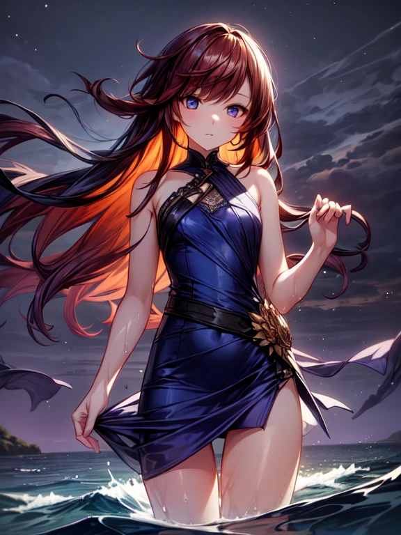 (masterpiece, Best quality), ((1 Girl, One, long hair)), Ishmael_limb, Expression of innocence, bare hands, bare shoulders, bare neck, watercolor, sundress, liquid clothing, water, waves, water dress, blue_topic, night, fog, dark, sharp focus, sea, a transparent dress, orange hair