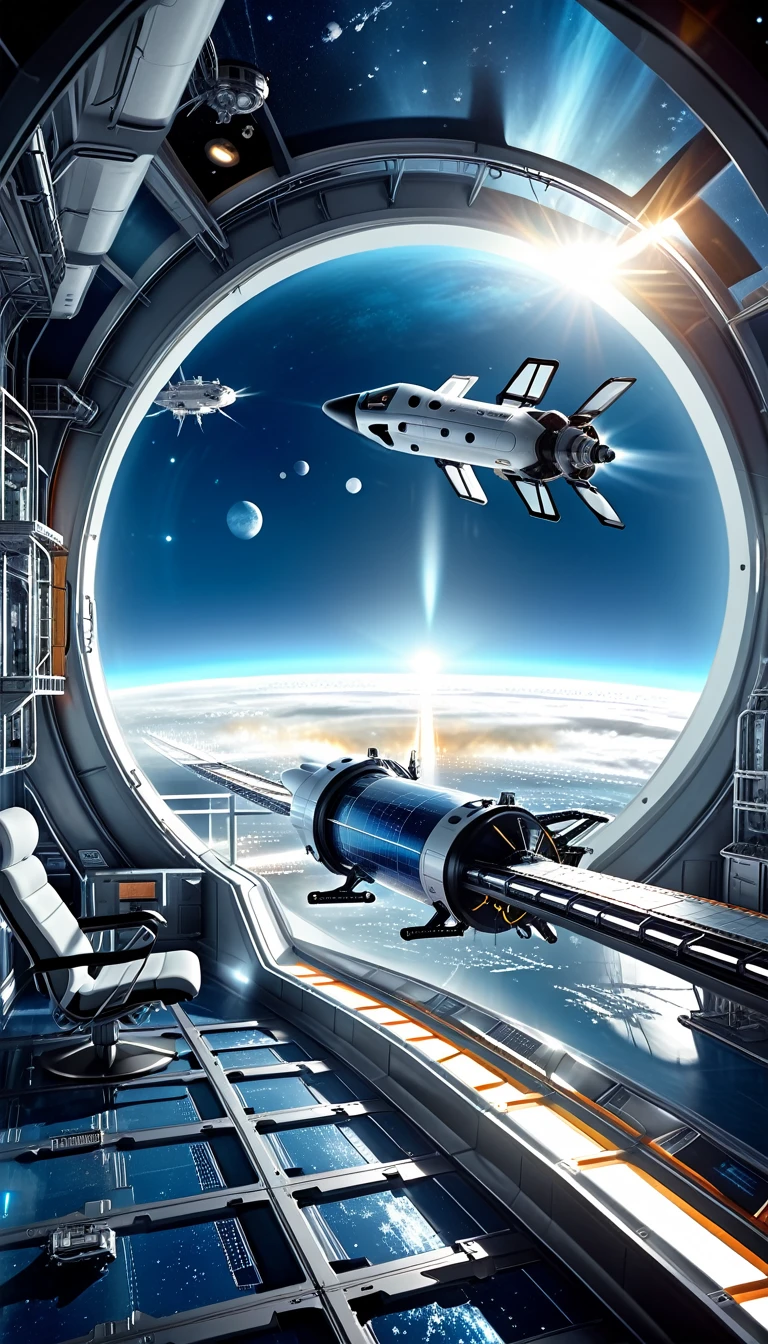 Look outside through a flashing window,An extraterrestrial big city,with space station and energy center located in a futuristic moon habitat,moon buggy,The space station are rendered in a digital illustration style with a focus on the futuristic architecture of the habitat,Houston Rocket launch site,satellite,((A High-speed train)),(The space station and High-speed train wire frame holograms:1.4),
rendered in the style of a 3D rendering,photographed professionally with professional lighting and color grading to appear hyper realistic,blue and white,
(the space station body do not glow:1.2),(dark blue background:1.2),(nebula and Sun:1.3),High-speed train,