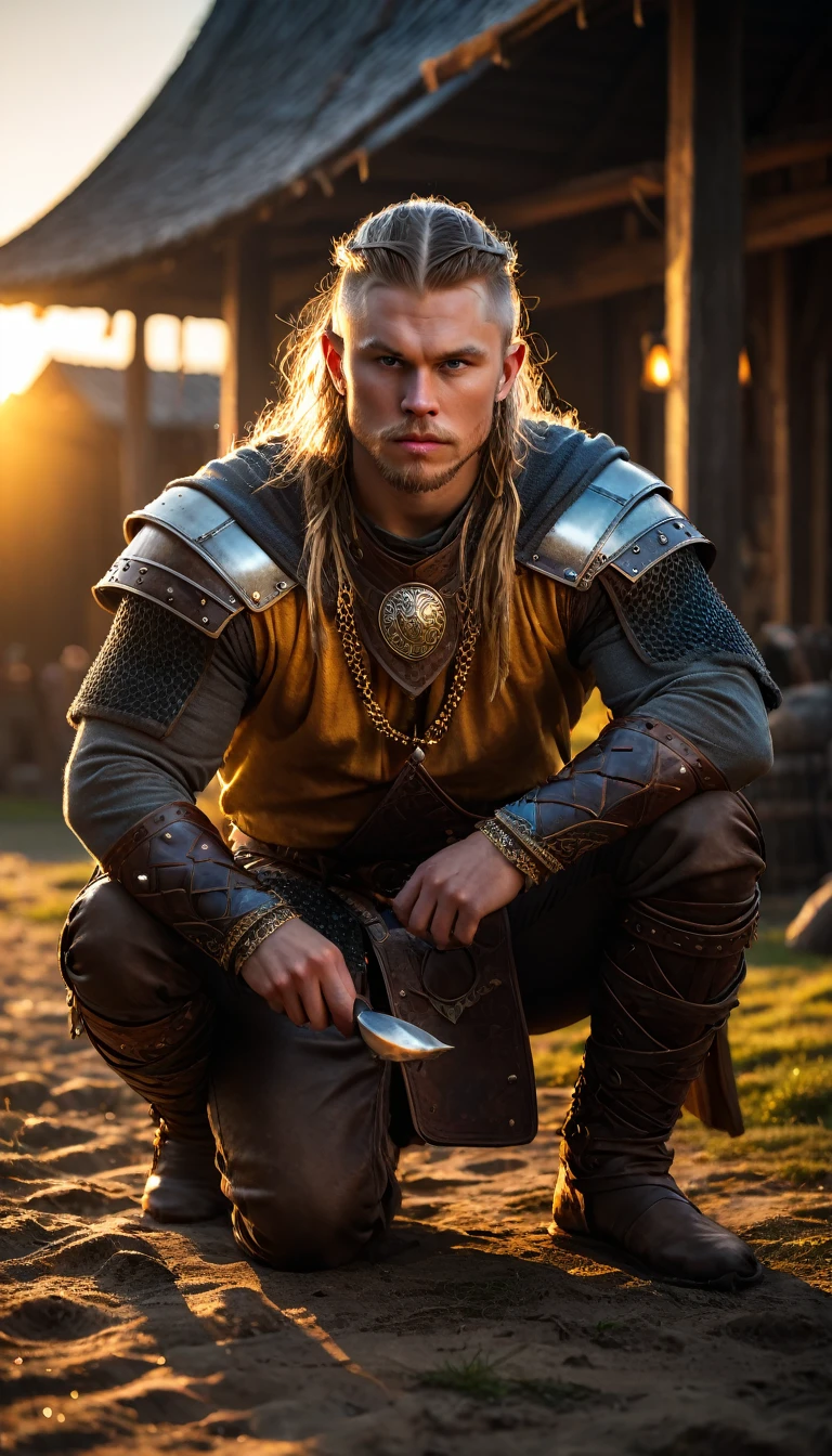 As the sun began to set, The warm golden hues of the sun illuminated his ornate attire, casting a warm glow across the area, Ground-level shot, badass viking eating, background dark, hyper realistic, ultra detailed hyper realistic, photorealistic, Studio Lighting, reflections, dynamic pose, Cinematic, Color Grading, Photography, Shot on 50mm lens, Ultra-Wide Angle, Depth of Field, hyper-detailed, beautifully color, 8k, golden light from the front,