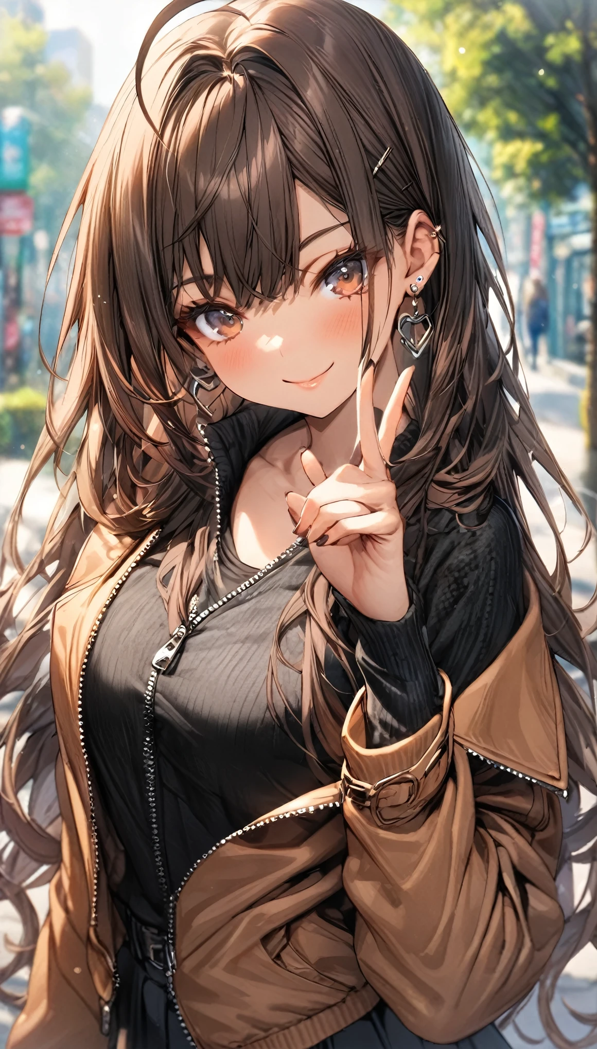 ((masterpiece, best quality)), very aesthetic, absurdres, One girl, Ahoge, bangs, black skirt, black sweater, Blurred, Blurred background, chest, Brown eyes, Brown Hair, brown Jacket, Mouth closed, Day, Depth of written boundary, Earrings, eyelash, Raise your hand, Tilt your head, Jacket, jewelry, Long Hair, Long sleeve, View Viewer, medium chest, Manicure, Open clothes, open Jacket, Outdoor, Pursed lips, Tucked in shirt, Side Lock, skirt, Sleeves are longer than the wrist, alone, sweater, Upper Body, zipper, smile,