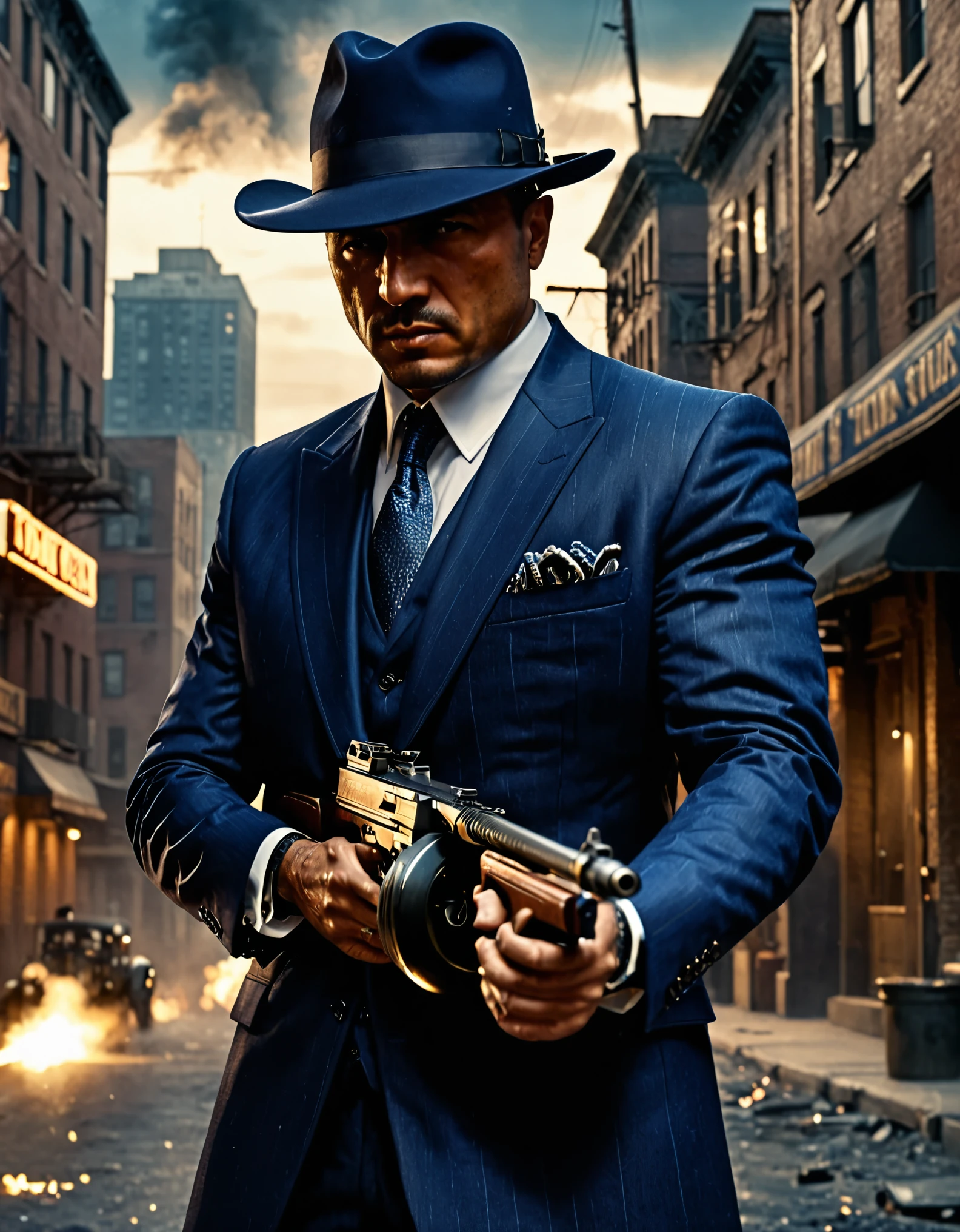 masterpiece, best quality, hires, 1man, solo, solo focus, mobster with dark blue three-piece suit, using tmmygn submachine gun, gangster, mafia, city backdrop, realistic, stylish, intricate details, hyperdetailed, cinematic, rim light, danger atmosphere, cowboy shot