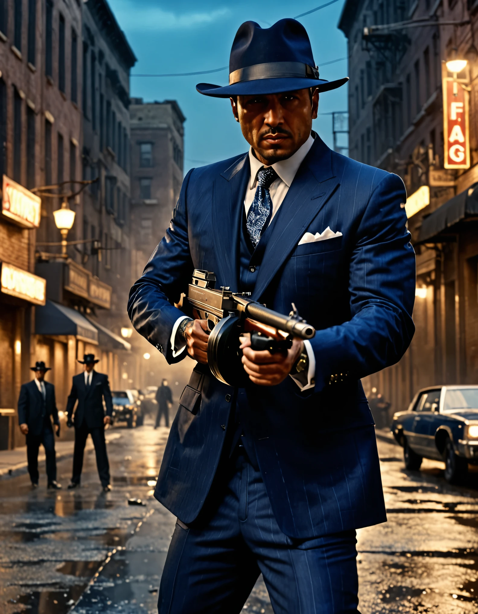 masterpiece, best quality, hires, 1man, solo, solo focus, mobster with dark blue three-piece suit, using tmmygn submachine gun, gangster, mafia, city backdrop, realistic, stylish, intricate details, hyperdetailed, cinematic, rim light, danger atmosphere, cowboy shot