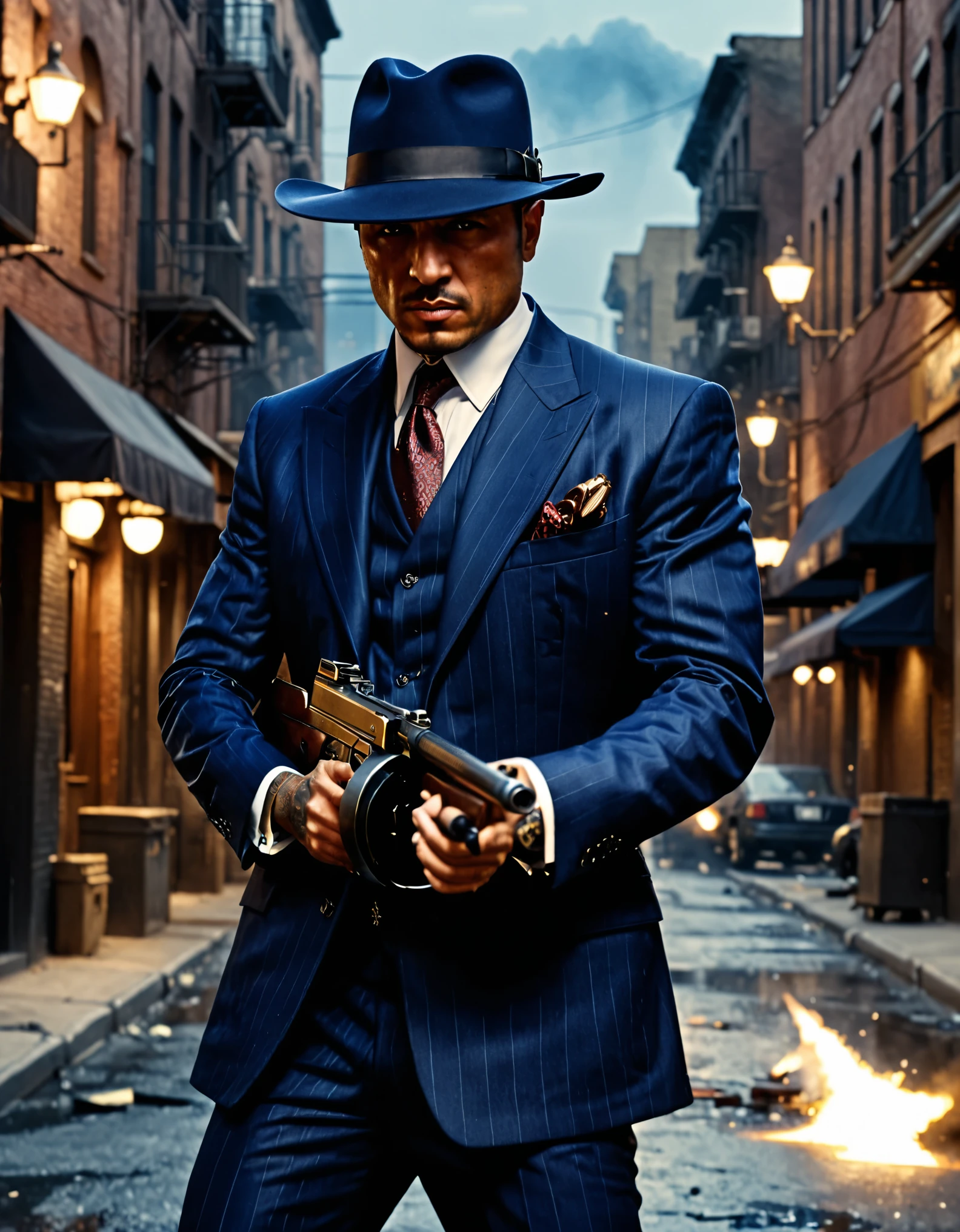 masterpiece, best quality, hires, 1man, solo, solo focus, mobster with dark blue three-piece suit, using tmmygn submachine gun, gangster, mafia, city backdrop, realistic, stylish, intricate details, hyperdetailed, cinematic, rim light, danger atmosphere, cowboy shot