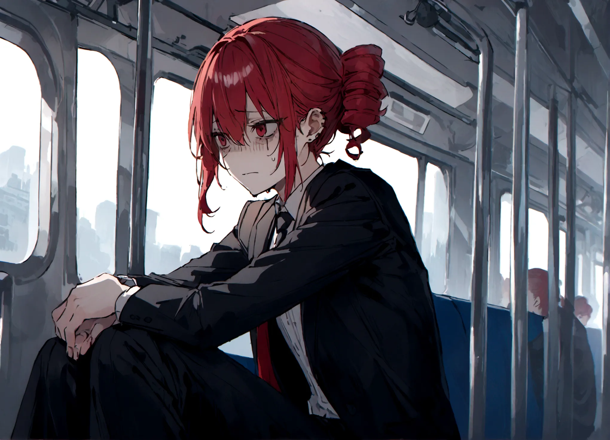 red hair、black suit、painful face、on the train、sitting