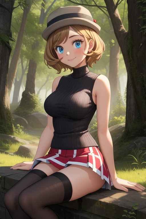 pkmnserena, 1girl, solo, blue eyes, blonde hair, short hair, bangs, hat, grey headwear,
black shirt, turtleneck, sleeveless, red skirt, pleated skirt, black thighhighs,
smile,closed mouth,cowboy shot,sitting,
forest,outdoor,
(insanely detailed, beautiful detailed face, masterpiece, best quality) cinematic lighting, sexy armpits