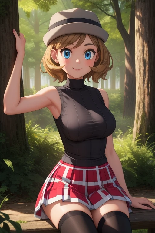 pkmnserena, 1girl, solo, blue eyes, blonde hair, short hair, bangs, hat, grey headwear,
black shirt, turtleneck, sleeveless, red skirt, pleated skirt, black thighhighs,
smile,closed mouth,cowboy shot,sitting,
forest,outdoor,
(insanely detailed, beautiful detailed face, masterpiece, best quality) cinematic lighting, sexy armpits