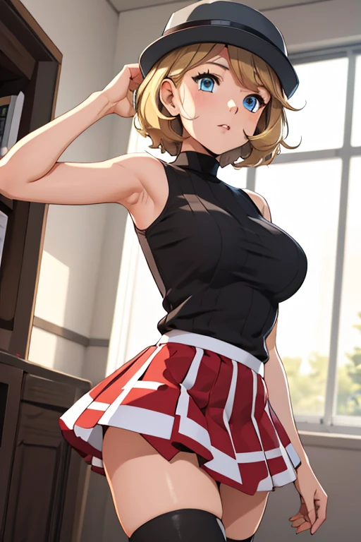 (masterpiece, best quality), 1girl,    pkmnserena, 1girl, solo, blue eyes, blonde hair, short hair, bangs, hat, grey headwear,, black shirt, turtleneck, sleeveless, red skirt, pleated skirt, black thighhighs, sexy armpits