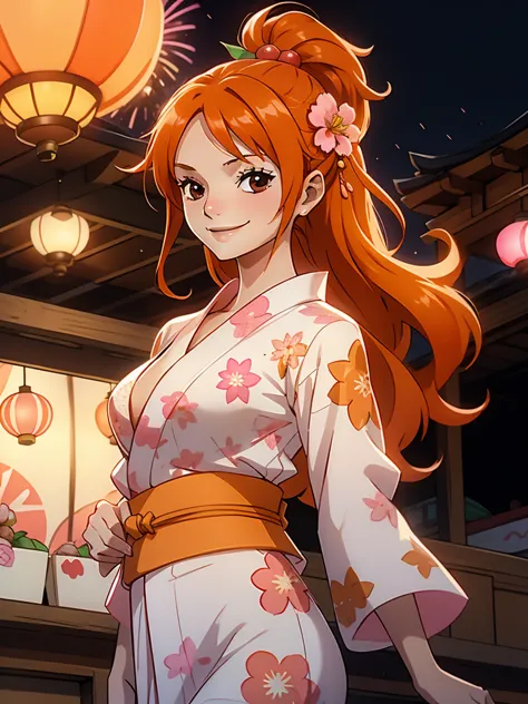 Cute  s,round and brown eyes、Orange hair color、no-bra、Medium Long Straight Hairstyles、Wearing a yukata with a white and pink flo...