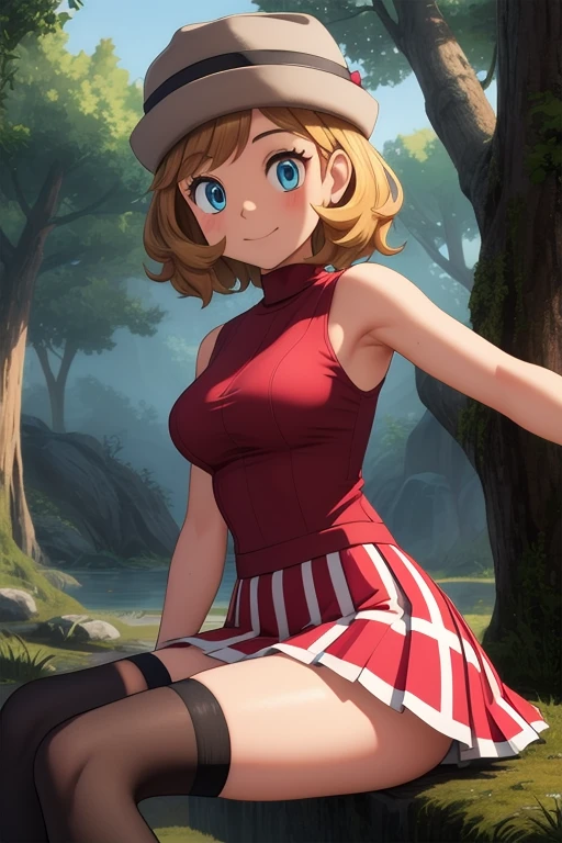 pkmnserena, 1girl, solo, blue eyes, blonde hair, short hair, bangs, hat, grey headwear,
black shirt, turtleneck, sleeveless, red skirt, pleated skirt, black thighhighs,
smile,closed mouth,cowboy shot,sitting,
forest,outdoor,
(insanely detailed, beautiful detailed face, masterpiece, best quality) cinematic lighting, sexy armpits