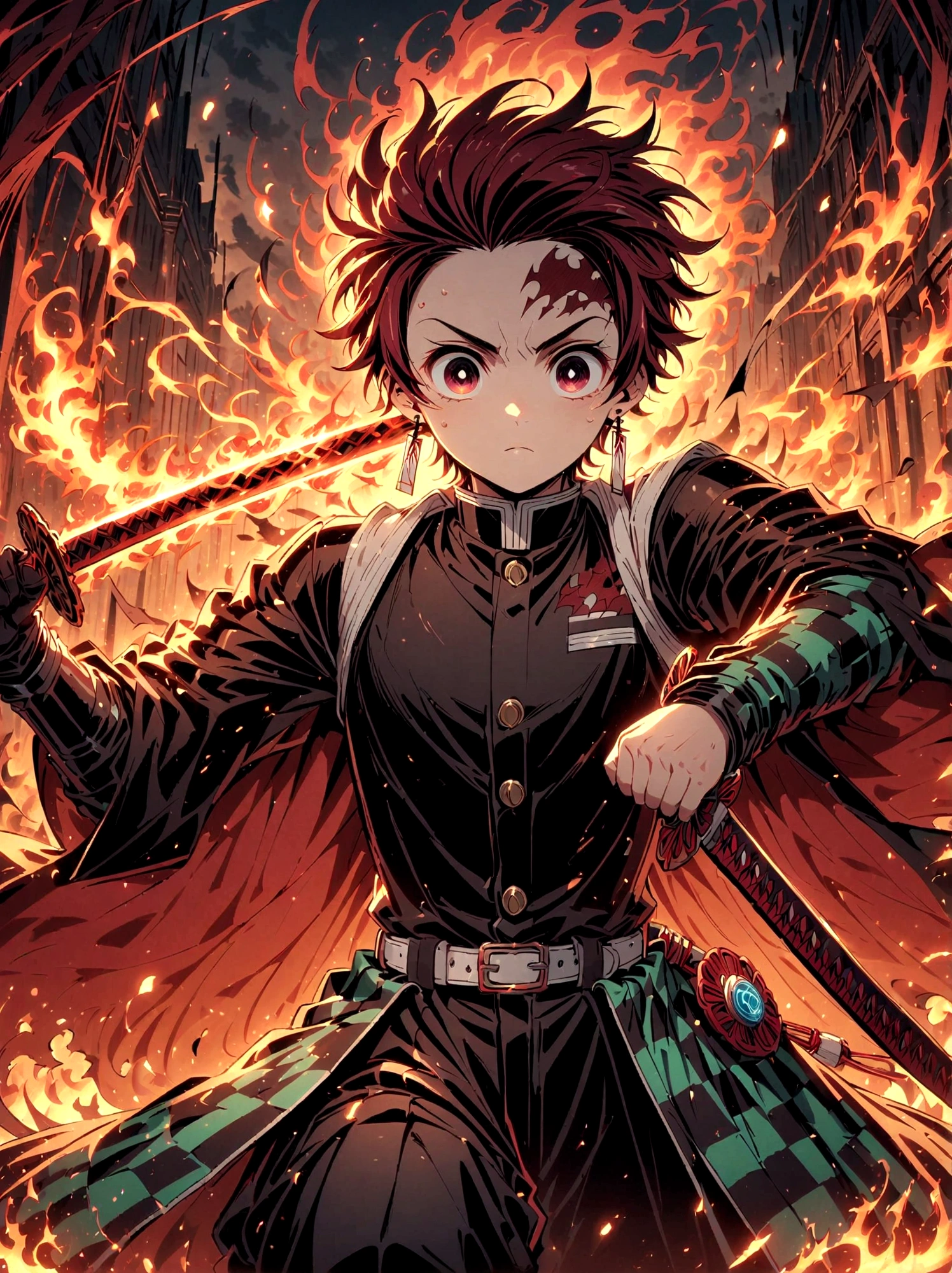 Kamado Tanjirou, Demon Slayer anime, Weapon Focus，Bright red hair, Sparkling red eyeuscular，Intricate tattoos，(Holding a burning katana:1.5)，An element of danger and tension，Plaid clothes, demon slayer uniform, Black pants, fighting, Fire, explode, Dynamic poses, temple, Vision