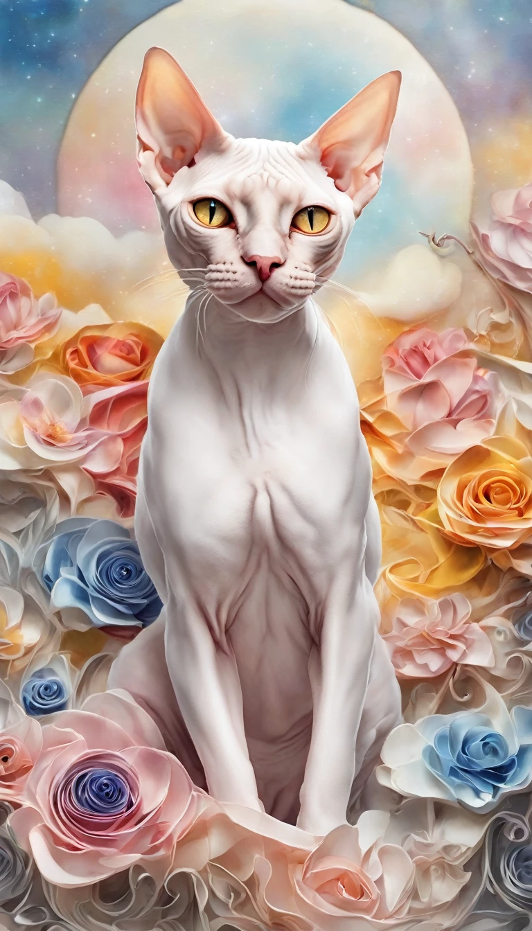 a cat of the white Sphynx breed, pintura estilo 3D aquarela, Gato Sphynx, imagem completa, High resolution high contrast (fotorrealista:1.5), (Foto RAW, 8k UHD,