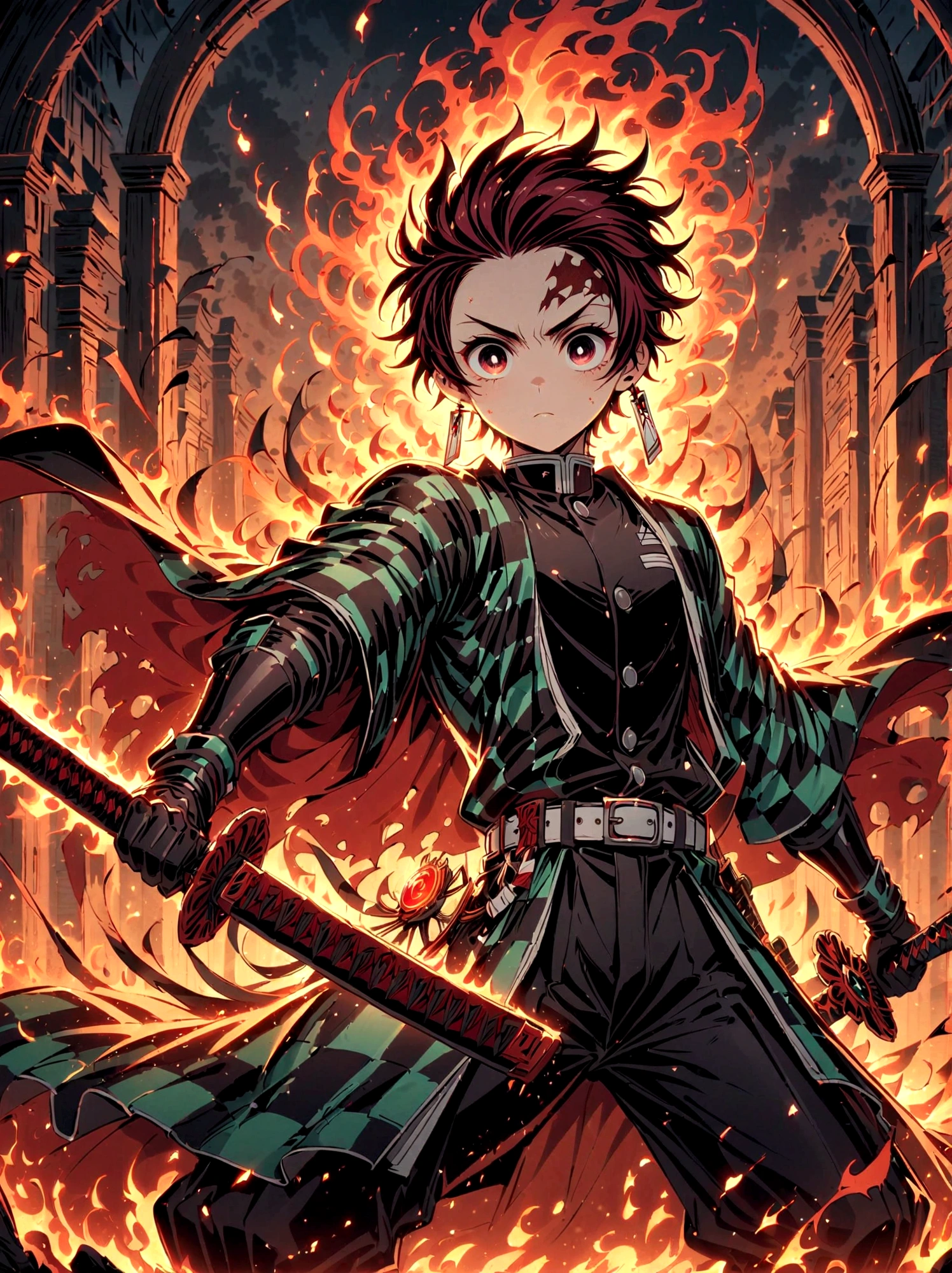 Kamado Tanjirou, Demon Slayer anime, Weapon Focus，Bright red hair, Sparkling red eyeuscular，Intricate tattoos，(Holding a burning katana:1.5)，An element of danger and tension，Plaid clothes, demon slayer uniform, Black pants, fighting, Fire, explode, Dynamic poses, temple, Vision