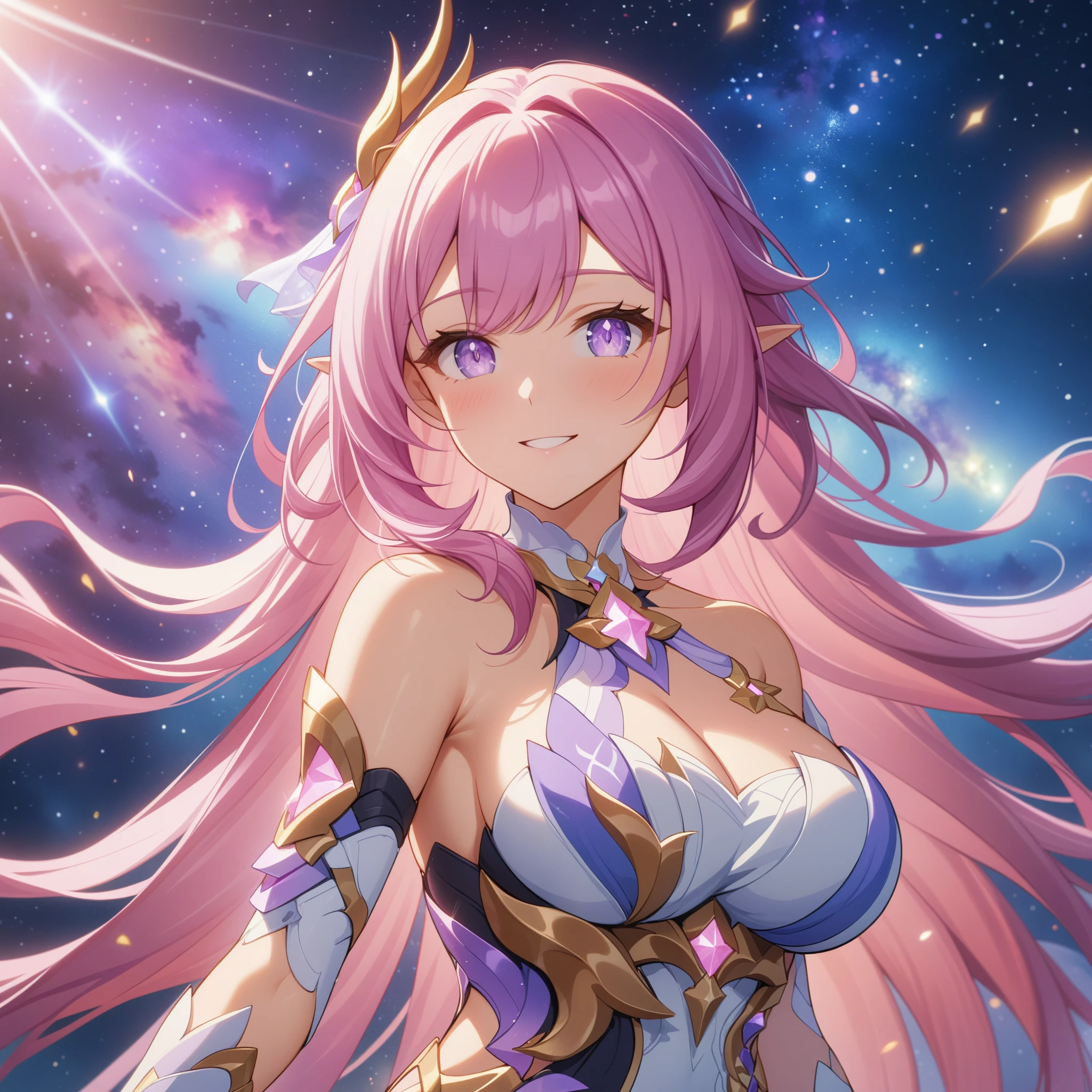 ai-generated,very aesthetic,1girl,elysia_/(herrscher_of_human:ego/)_/(honkai_impact/),pointed_ears,pink_hair,dreamy anime fantasy background,raytracing,light purple eyes,well-defined pink diamond pupils,floating,light particles,dsmile,breathtakingly gorgeous multicolored starry sky,gentle smile,celestial,intricate,large breasts,goddess,vibrant rich hdr color,cel shading,(best quality,4k,8k,highres,masterpiece:1.2)