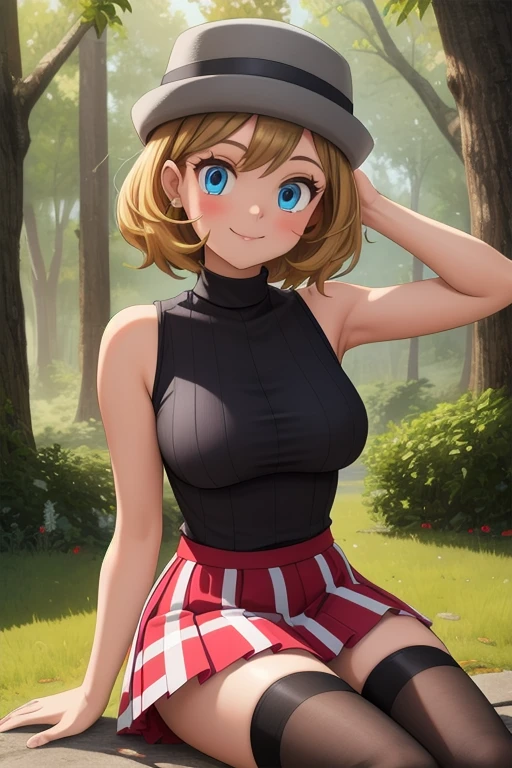 pkmnserena, 1girl, solo, blue eyes, blonde hair, short hair, bangs, hat, grey headwear,
black shirt, turtleneck, sleeveless, red skirt, pleated skirt, black thighhighs,
smile,closed mouth,cowboy shot,sitting,
forest,outdoor,
(insanely detailed, beautiful detailed face, masterpiece, best quality) cinematic lighting, sexy armpits