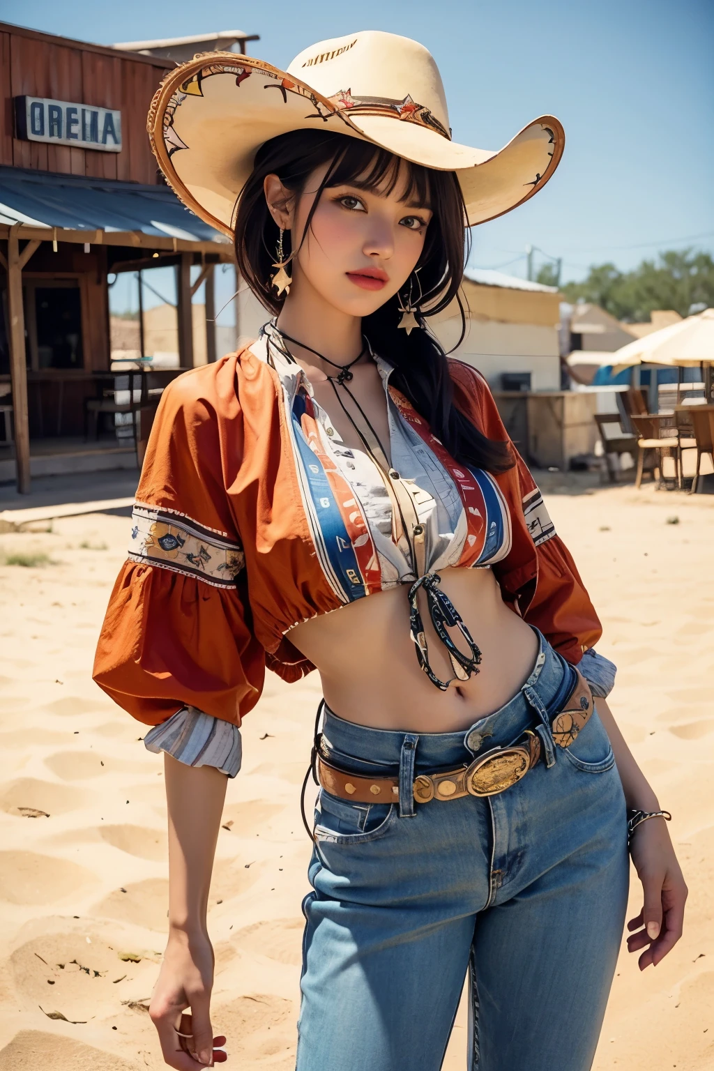 cowboy fashion, Vibrant Texas Landscape, groovy style, nostalgic atmosphere, vibrant tomb floor:0.2 Groovy image of a female cowboy in 80s outfit, Immerse yourself in the vibrant atmosphere of Texas. His attire reflects the fashion trends of the time., soft pattern. cowboy scene is full of dust., Vibrant Texas Sands, And the cowboy moves to the rhythm of the bait. The nostalgic atmosphere transports viewers back to the vibrant and energetic era of the 80s, Capturing the spirit of fun, , The self-expression and, black short hair with bangs, Midshot, central image, ultra detail, Very facial detail, Very eye-fine, female,