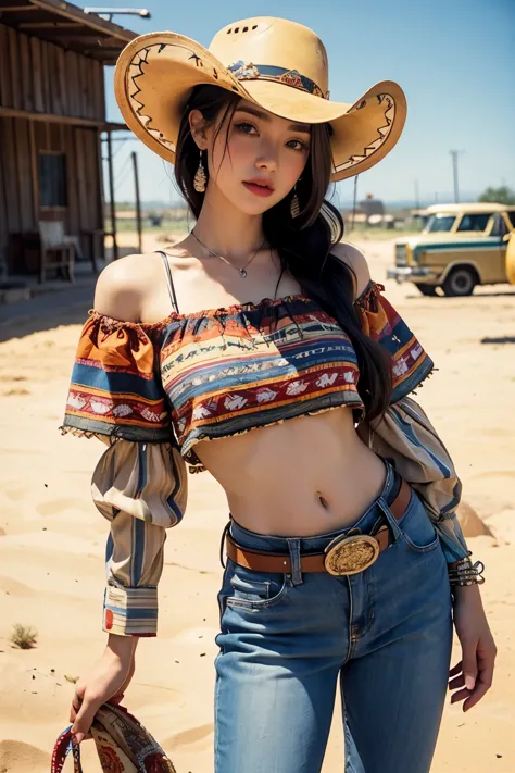 cowboy fashion, Vibrant Texas Landscape, groovy style, nostalgic atmosphere, vibrant tomb floor:0.2 Groovy image of a female cow...