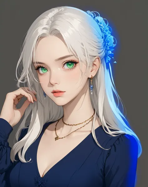 girl, green eyes, white hair, beautiful, tight blue dress, anime style, masterpiece, european, victorian era, classical, slim, b...