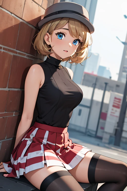 (masterpiece, best quality), 1girl,    pkmnserena, 1girl, solo, blue eyes, blonde hair, short hair, bangs, hat, grey headwear,, black shirt, turtleneck, sleeveless, red skirt, pleated skirt, black thighhighs, sexy armpits