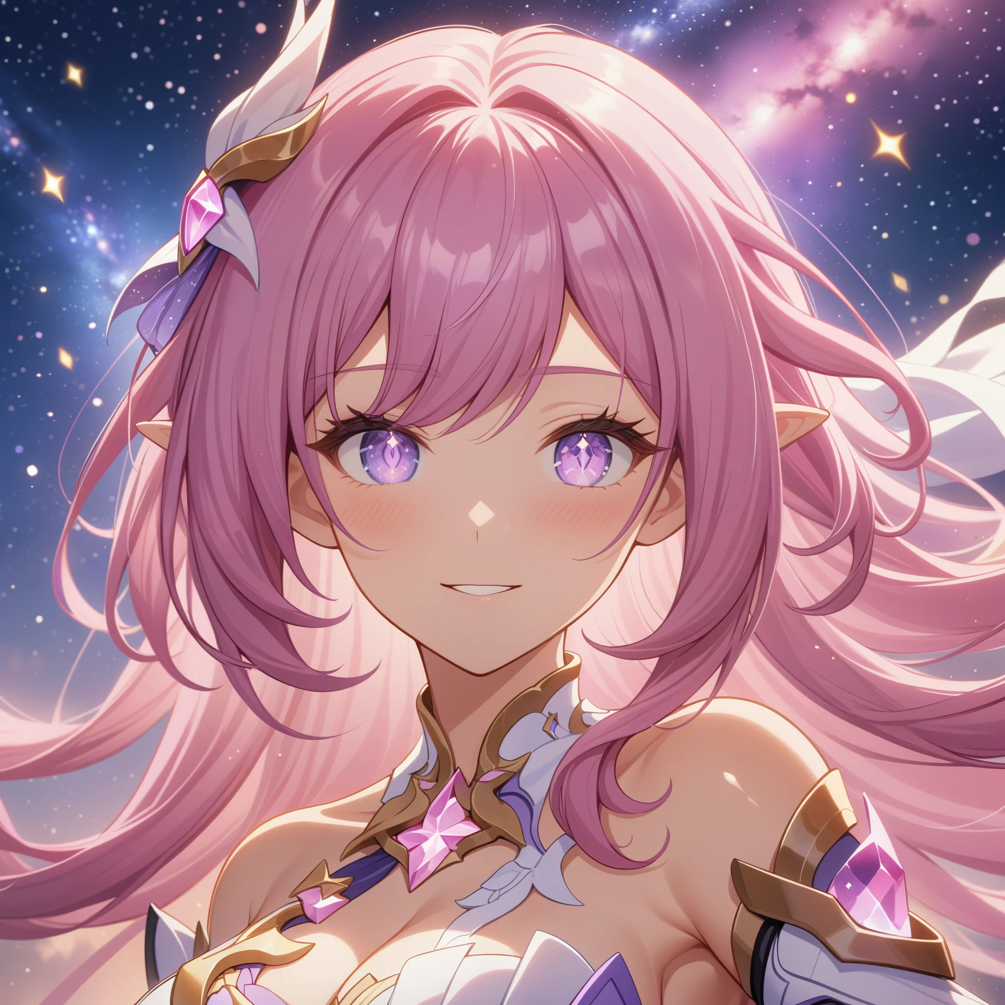 ai-generated,very aesthetic,1girl,elysia_/(herrscher_of_human:ego/)_/(honkai_impact/),pointed_ears,pink_hair,dreamy anime fantasy background,raytracing,light purple eyes,well-defined pink diamond pupils,floating,light particles,dsmile,breathtakingly gorgeous multicolored starry sky,gentle smile,celestial,cosmic tree in background,intricate,large breasts,goddess,vibrant rich hdr color,cel shading,(best quality,4k,8k,highres,masterpiece:1.2)