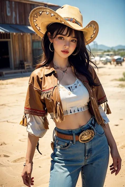 cowboy fashion, Vibrant Texas Landscape, groovy style, nostalgic atmosphere, vibrant tomb floor:0.2 Groovy image of a female cow...