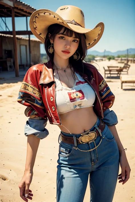 cowboy fashion, Vibrant Texas Landscape, groovy style, nostalgic atmosphere, vibrant tomb floor:0.2 Groovy image of a female cow...