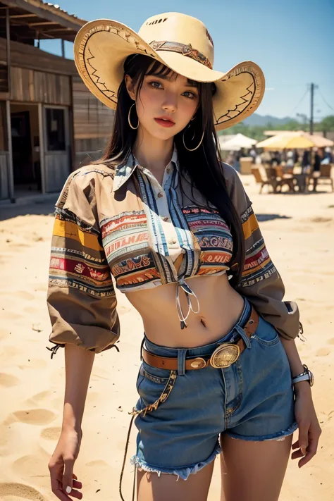 cowboy fashion, Vibrant Texas Landscape, groovy style, nostalgic atmosphere, vibrant tomb floor:0.2 Groovy image of a female cow...