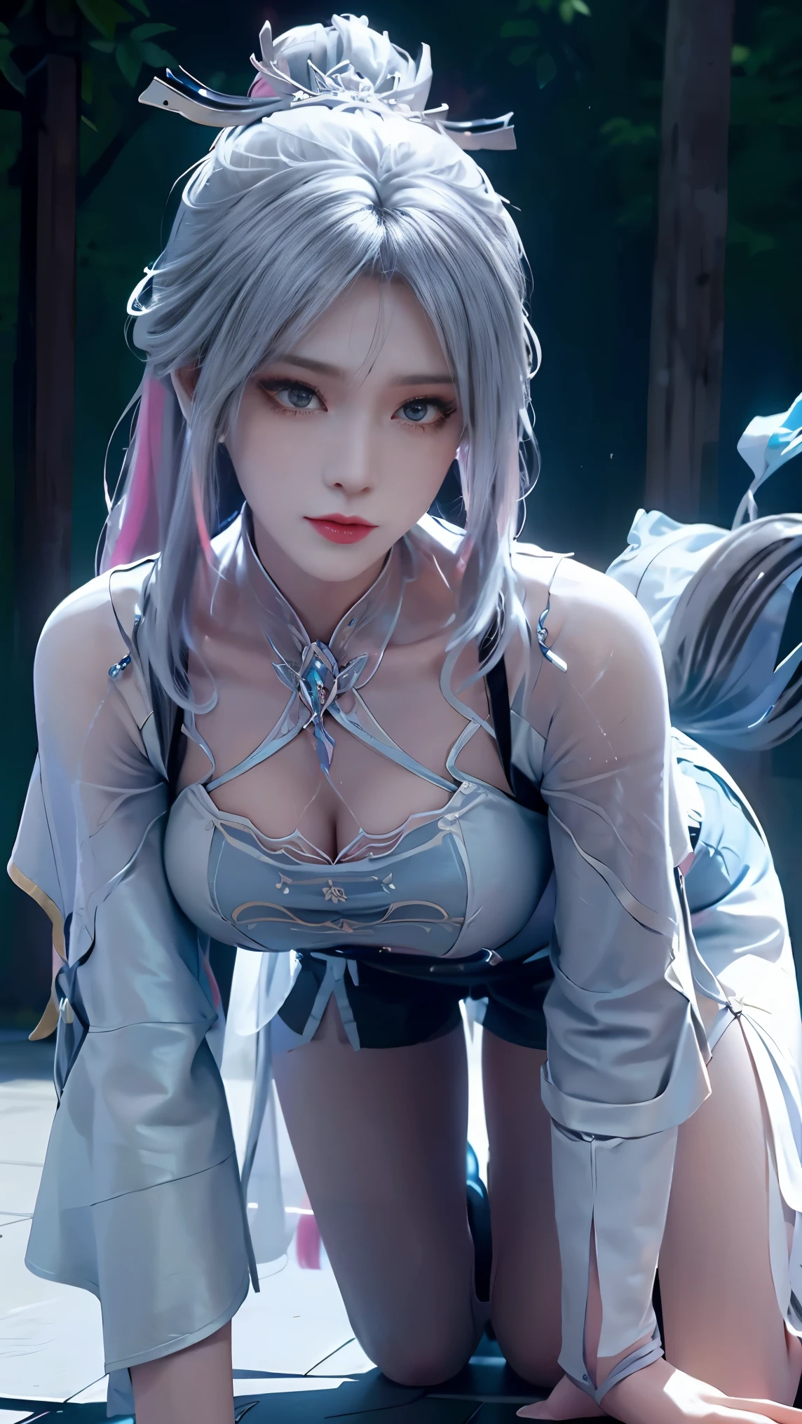 a white hair、Close-up of miss wearing white mask, Beautiful character painting, guweiz, Gurwitz-style artwork, White-haired god, author：Yang Jie, Epic and beautiful character art, Stunning character art, author：Fan Qi, by Wuzhun Shifan, pixiv Art Street Guviz, Single ponytail, insult, High Ponytail, Tall and big, Long legs, (sleeveless lace shirt), (shorts), (Striped )), ((Striped )), Walk, elegant, dignified, miss, Beautiful curves, sweet smile, Strong sense of detail and layering, Rich and colorful color, Has a unique texture, rich and colorful, color, vivid, Design Art, 16K, Super detailed, {{illustration}}, {Extremely refined}, {Exquisite surface treatment}, Super detailed, Delicate and shining eyes, {{Light}}, Ultimate light effect, Model: realism, CFG size: 12, Laura: Bright texture (1.35), high quality, masterpiece, Exquisite facial features, Delicate hair depiction, Detailed depiction of the eyes, masterpiece, best quality, Light line tracing, Extremely detailed CG unified 8k wallpaper, masterpiece, best quality, (1 girl), Perfect Miss Body, (((Skinny white T-shirt))), beautiful eyes, (Delicate face), short black hair, Tie your hair up, Light blue hairpin, Black silk frame glasses, in class, (White skin), (Optimal Lighting), (Super intricate details), 4k unity, (Super detailed CG), Showing off her white legs, , Hot Pants, shorts,Sexy Long Legs, Thin waist, Sweat runs down my waist, Showing belly, Extremely detailed depiction, Pink Hair, Asymmetrical bangs, Transparent clothes, Hands on thighs, Move your eyes away, 8k resolution, Raise an eyebrow, shiny hair, Flower head, Wristbands, bandage，Leather sexy pose, simple grey background, Climbing towards the viewer, Kitten pose, On all fours,