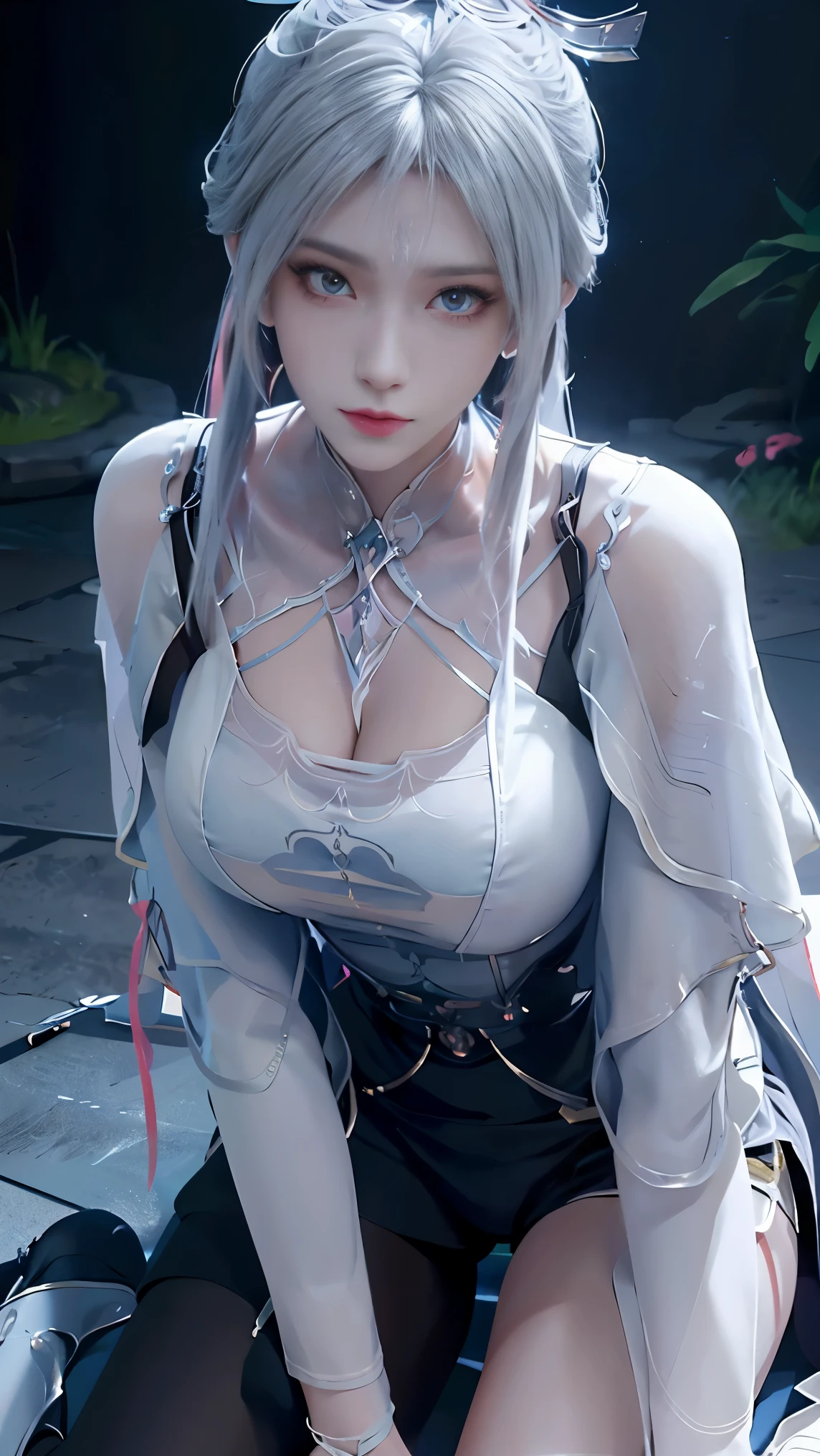 a white hair、Close-up of miss wearing white mask, Beautiful character painting, guweiz, Gurwitz-style artwork, White-haired god, author：Yang Jie, Epic and beautiful character art, Stunning character art, author：Fan Qi, by Wuzhun Shifan, pixiv Art Street Guviz, Single ponytail, insult, High Ponytail, Tall and big, Long legs, (sleeveless lace shirt), (shorts), (Striped )), ((Striped )), Walk, elegant, dignified, miss, Beautiful curves, sweet smile, Strong sense of detail and layering, Rich and colorful color, Has a unique texture, rich and colorful, color, vivid, Design Art, 16K, Super detailed, {{illustration}}, {Extremely refined}, {Exquisite surface treatment}, Super detailed, Delicate and shining eyes, {{Light}}, Ultimate light effect, Model: realism, CFG size: 12, Laura: Bright texture (1.35), high quality, masterpiece, Exquisite facial features, Delicate hair depiction, Detailed depiction of the eyes, masterpiece, best quality, Light line tracing, Extremely detailed CG unified 8k wallpaper, masterpiece, best quality, (1 girl), Perfect Miss Body, (((Skinny white T-shirt))), beautiful eyes, (Delicate face), short black hair, Tie your hair up, Light blue hairpin, Black silk frame glasses, in class, (White skin), (Optimal Lighting), (Super intricate details), 4k unity, (Super detailed CG), Showing off her white legs, , Hot Pants, shorts,Sexy Long Legs, Thin waist, Sweat runs down my waist, Showing belly, Extremely detailed depiction, Pink Hair, Asymmetrical bangs, Transparent clothes, Hands on thighs, Move your eyes away, 8k resolution, Raise an eyebrow, shiny hair, Flower head, Wristbands, bandage，Leather sexy pose, simple grey background, Climbing towards the viewer, Kitten pose, On all fours,