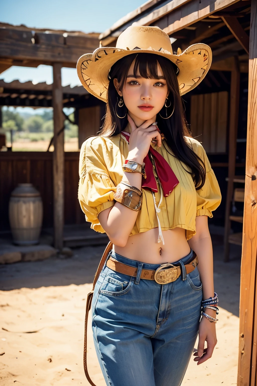 cowboy fashion, Vibrant Texas Landscape, groovy style, nostalgic atmosphere, vibrant tomb floor:0.2 Groovy image of a female cowboy in 80s outfit, Immerse yourself in the vibrant atmosphere of Texas. His attire reflects the fashion trends of the time., soft pattern. cowboy scene is full of dust., Vibrant Texas Sands, And the cowboy moves to the rhythm of the bait. The nostalgic atmosphere transports viewers back to the vibrant and energetic era of the 80s, Capturing the spirit of fun, , The self-expression and, black short hair with bangs, Midshot, central image, ultra detail, Very facial detail, Very eye-fine, female,