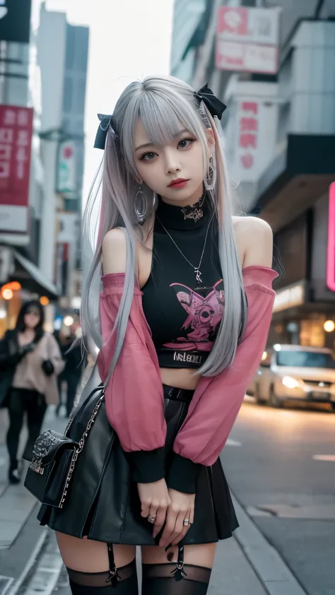 highest quality,high resolution、high resolution、( masterpiece),silver hair、pink mesh hair、ゴシックpunkの衣装、look up, upper body,hair b...