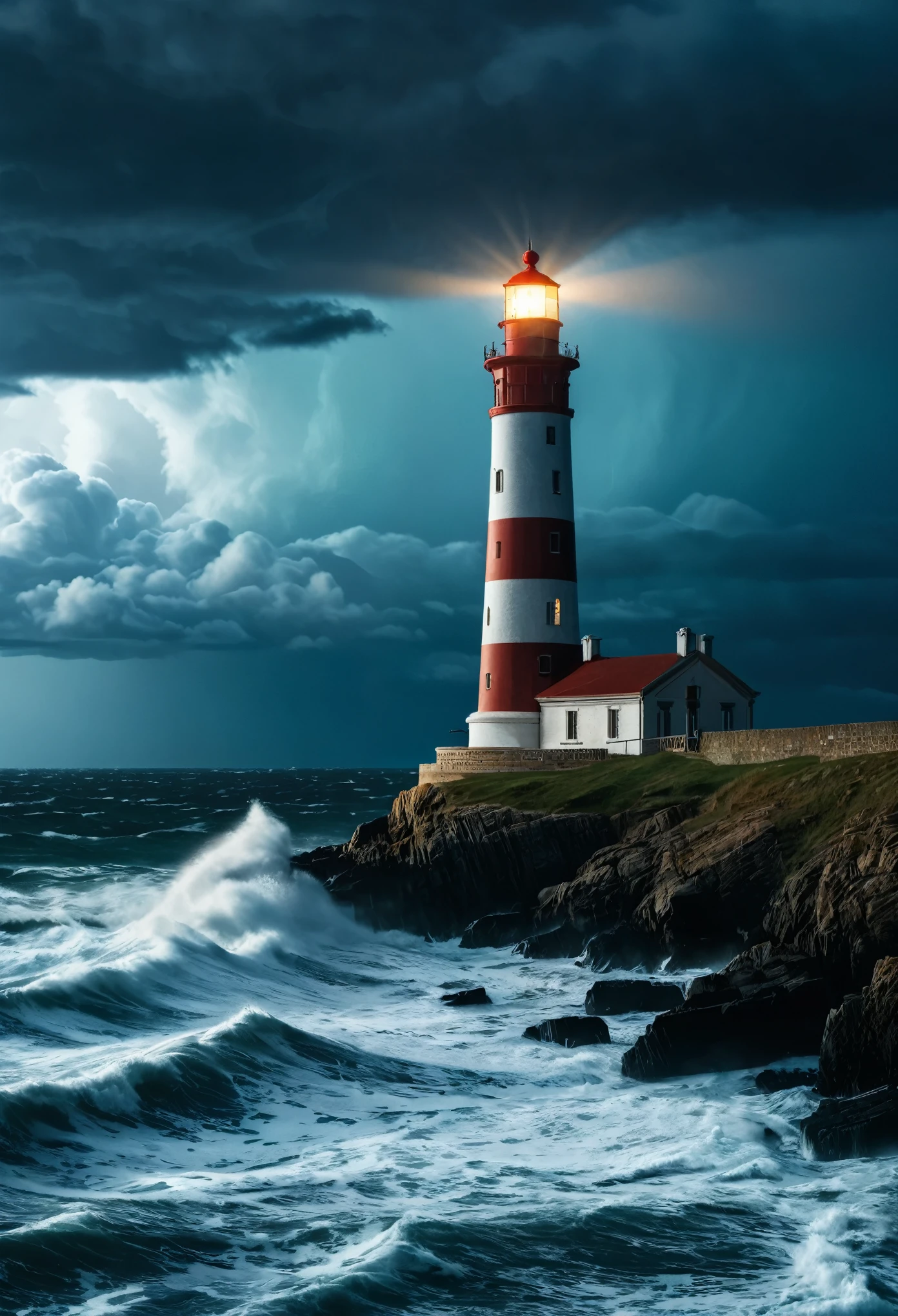 A lighthouse on the coast on a stormy night,
(masterpiece:1.2), (best quality:1.2), ultra-detailed, best shadow, detailed background, high contrast, (best illumination, an extremely delicate and beautiful), ((cinematic light)), intricate details, 8k, very aesthetic, photorealistic,